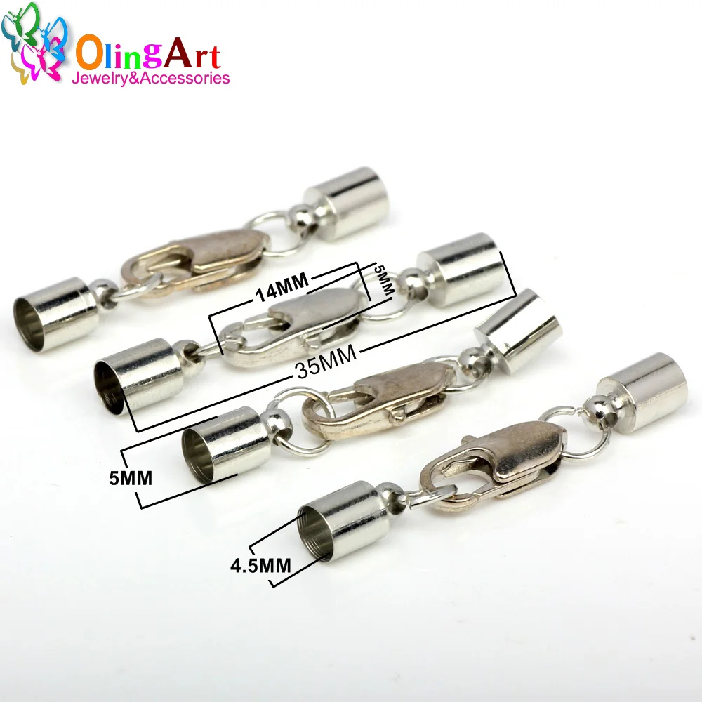 

OlingArt 35mm 12pcs Silver plating necklace round leather cord crimps end lobster clasp terminating Fastener DIY jewelry making