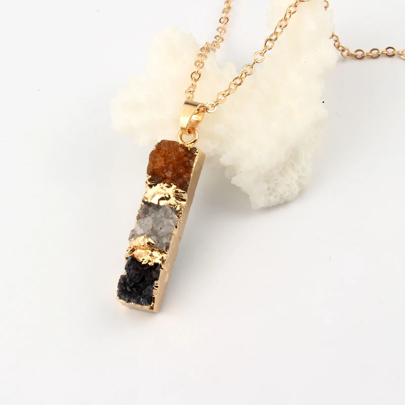 

Dayoff Boho Unique Multicolor Natural Stone Druzy Necklaces Women Geometric Irregular Rectangle Pendant Clavicel Chain N178