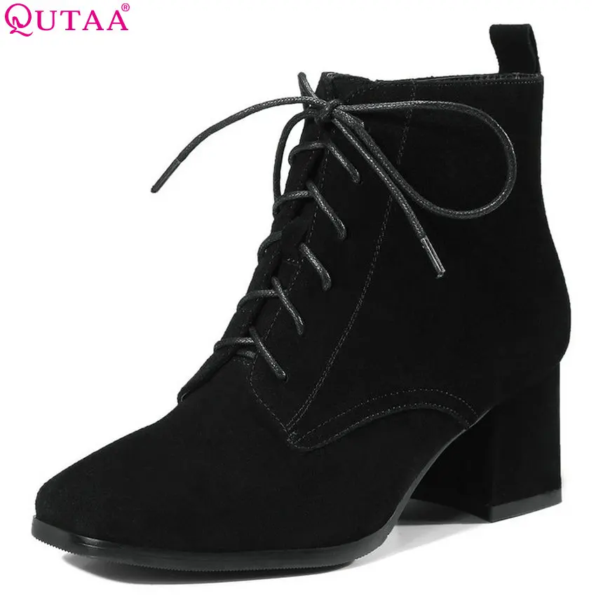 

QUTAA 2019 Women Anke Boots Elegant Platform Square High Heel Winter Shoes Sewing Casual Women Motorcycle Boots Big Size 34-39