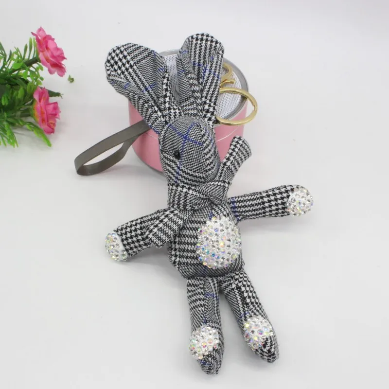 Cute Long Ear Diamond Bunny Rabbit Dolls Fashion Cartoon Plaid Keychain Toys Key Bag Pendant Dolls 5pcslot  (5)