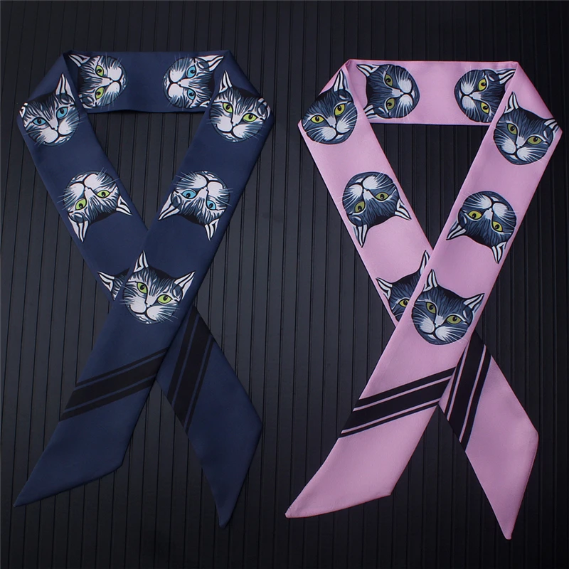 

Long Skinny Scarf Women Silk Hair Scarves for Lady Cat Print Fashion Twill Neck Scarfs Ribbons Bag Wrap Tie