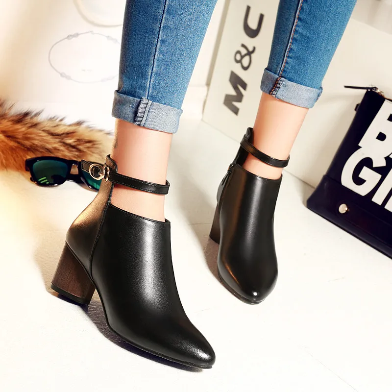 2016 Fall Winter Low Heel Ankle Boots Genuine Leather Ankle Buckle Short Booties Botines Botas Feminina Black Female Footwear