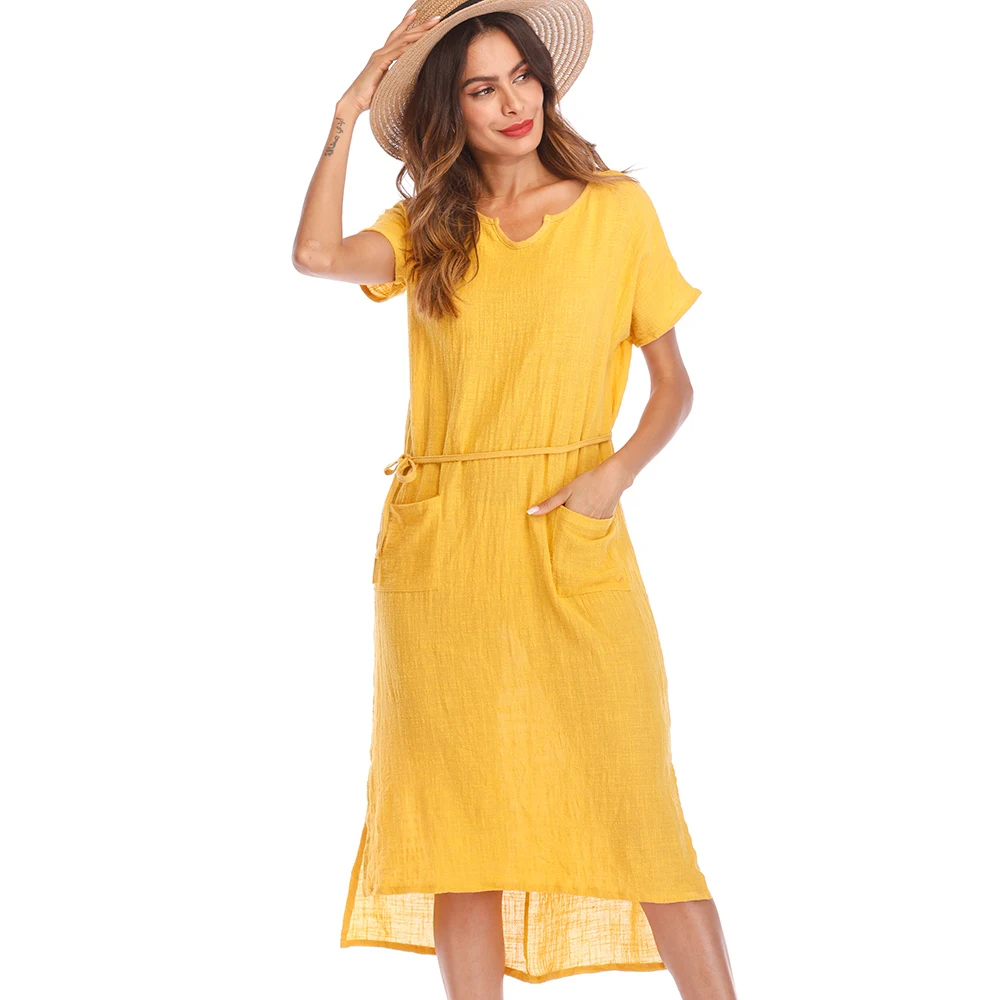 Women Plus Size Maxi Dress Loose Cotton Solid Color Short Sleeve Summer ...