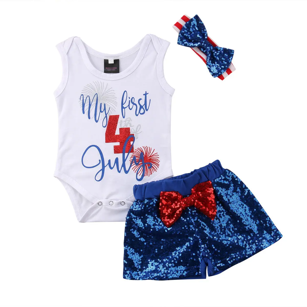 

4th of July Baby Girl Clothes 1st Independence Day US Flag Romper Sequin Pant Headband 3PCS Outfits 0-24M