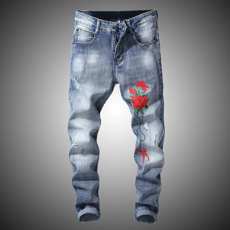 Mens Rose Embroidery Jeans Hip Hop Slim Fit Distressed Denim Pant Men ...