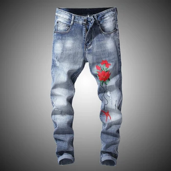 

Mens Rose Embroidery Jeans Hip Hop Slim Fit Distressed Denim Pant Men Fashion Floral Embroidered Trousers 2018 J368