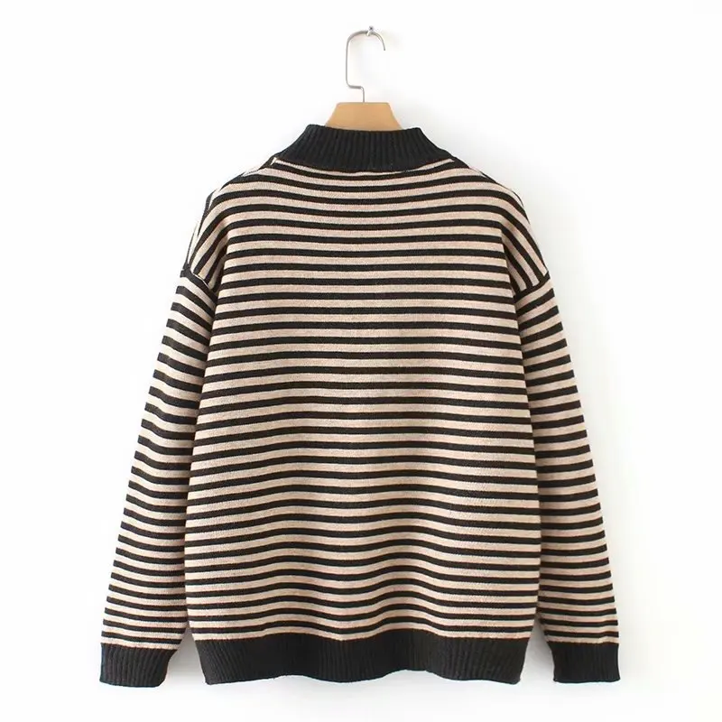 Striped Turtleneck Sweater Women Pullovers Embroidery Casual Loose Long Sleeve Knitted Sweaters Plus Size KKFY3021