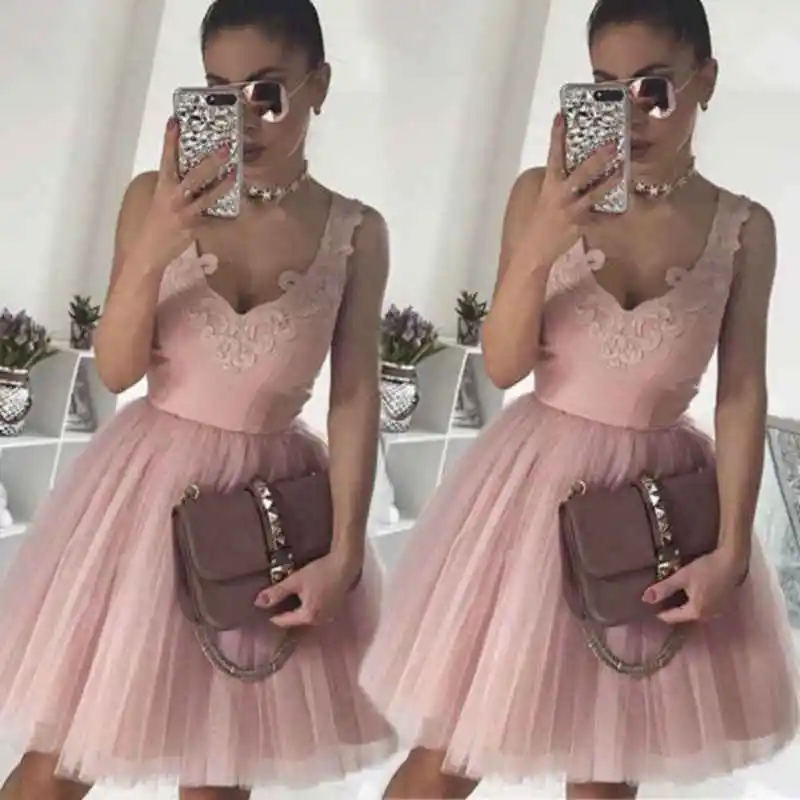 

Womens Summer Lace V Neck Sleeveless Short Mini Dress Wedding Bridesmaid Party Formal Prom Tulle Dress
