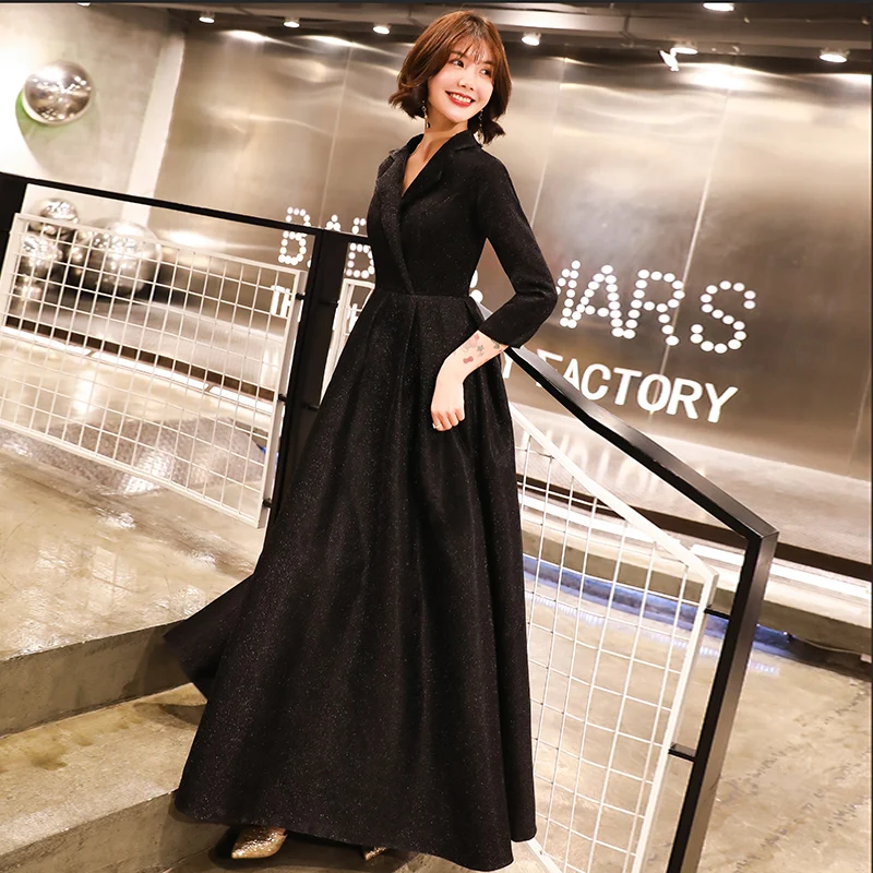 

Robe De Soiree Evening Dress 2019 Black V Neck Long Sleeve Formal Party Evening dresses Gown Long vestido de festa LYFY137