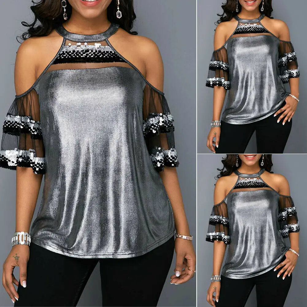 

New Women Ladies Fashion Casual Chic T Shirt Loose Short Sleeve Silver Color T Shirt Tees Tops Party Clubwear