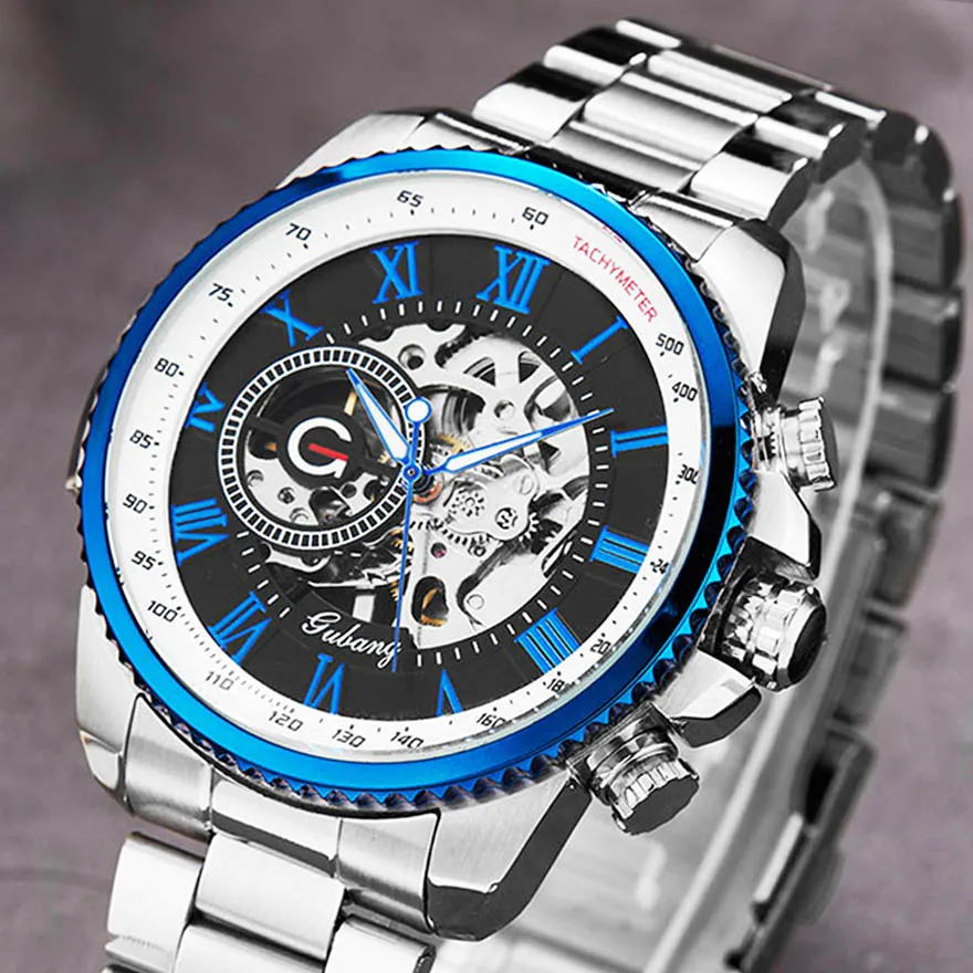 

Luxury Top Silver Automatic Mechanical Men Watch Skeleton Steel Bracelet Self-wind Wristwatch Male Blue Sliver Black Clock Reloj