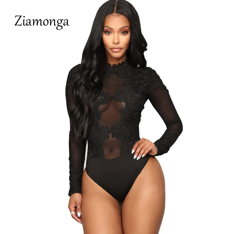 

Ziamonga Winter Women Rompers Fashion Red Black Lace Sexy Casual Slim Backless Bodysuit Long Sleeve Mesh Lace Short Jumpsuit