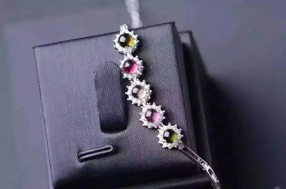 Bracelet en tourmaline naturelle multicolore Bracelet en pierres précieuses naturelles 925 bracelet
