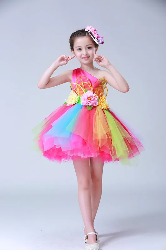 Girls Dance Costumes Colorful flowers standart salsa dance dress for girls Sexy modern dance costume for kids competition