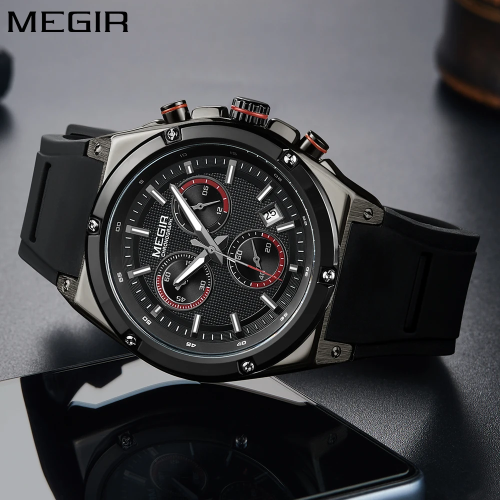 

MEGIR Mens Watches Top Brand Luxury Silicone Band Gold Watch Men Quartz Waterproof Military Sport Wrist Watch reloj hombre 2018