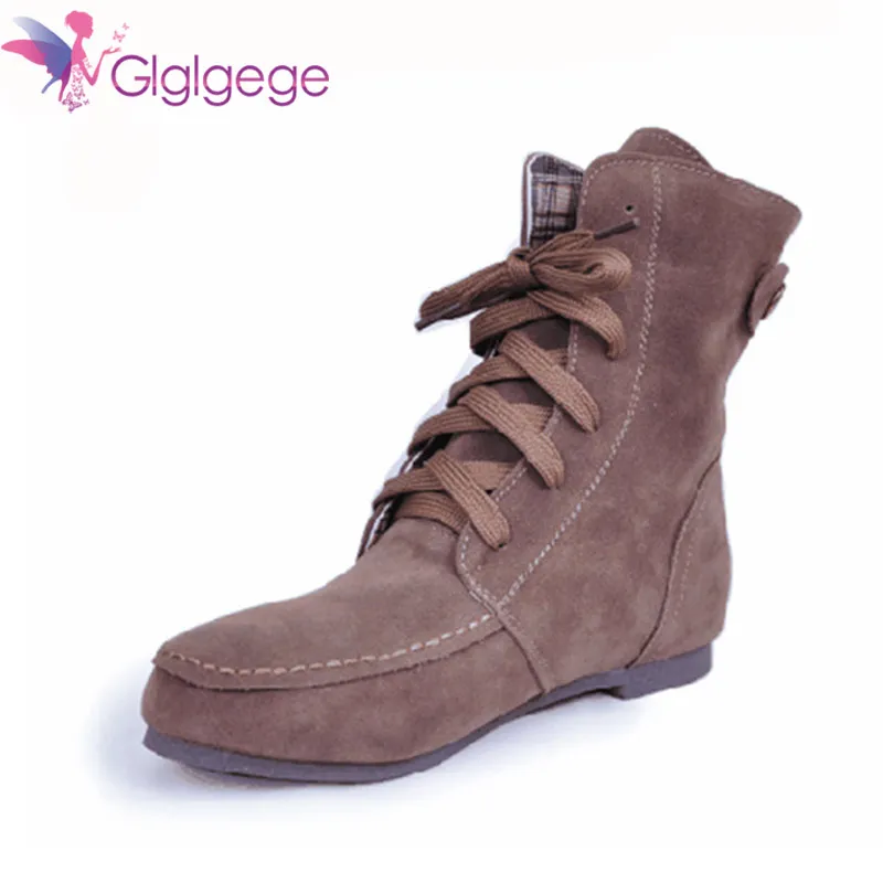 Glglgege/зимние короткие женские ботинки на шнуровке на плоской подошве зеленая обувь теплая обувь на плоской подошве женская обувь большого размера - Цвет: gA00130-Brown