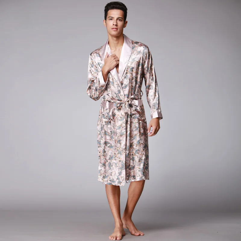 SSH0126 Men's Robe Satin Silk Sleepwear Male Summer Bathrobes Long Sleeves Pijama Sleeping Robe High Quality Pajama Sleepwar Men