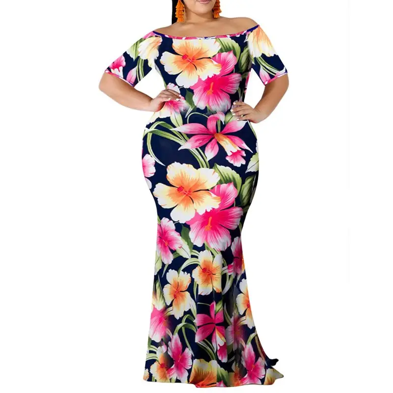 

Floral Long Dress Women Elegant Flower Printed Maxi Sexy Off Shoulder Blue Ladies Oversize 5XL Summer African Bodycon Dresses