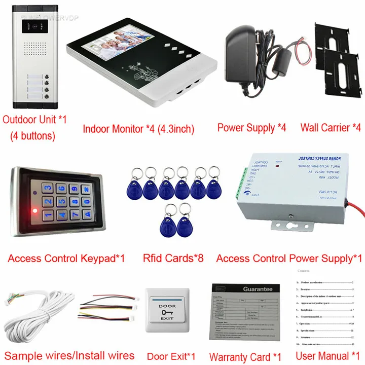 Видеодомофон для 4 квартиры видеодомофон с 4," цветными экранами система безопасности Видео Rfid Клавиатура система контроля доступа комплект