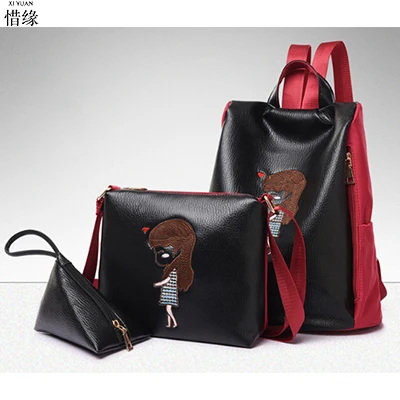 

3pcs/set student PU Leather Women black Backpack Casual School Bags For Teenagers Girls Female Travel Back Packs backpacks red