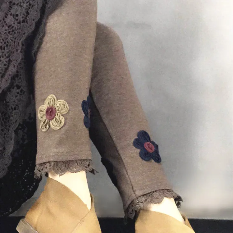 

autumn winter mori girl Flowers stitch patchwork kawaii slim pants