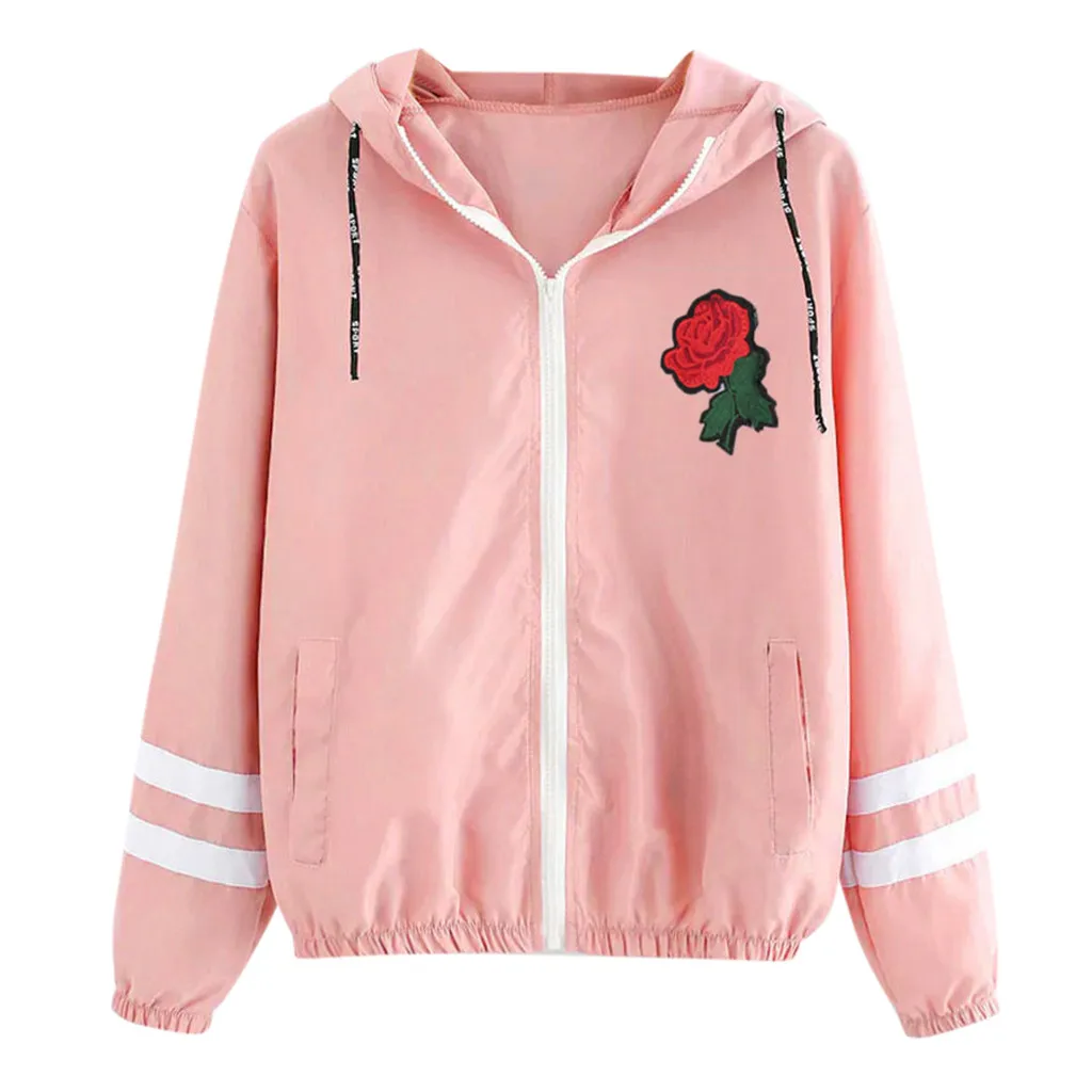 

Women Jacket Jacket Female Jackets Outwear Long Sleeve Rose Thin Skinsuits Hooded Zip Floral Pockets Sport Coat Plus Size z722