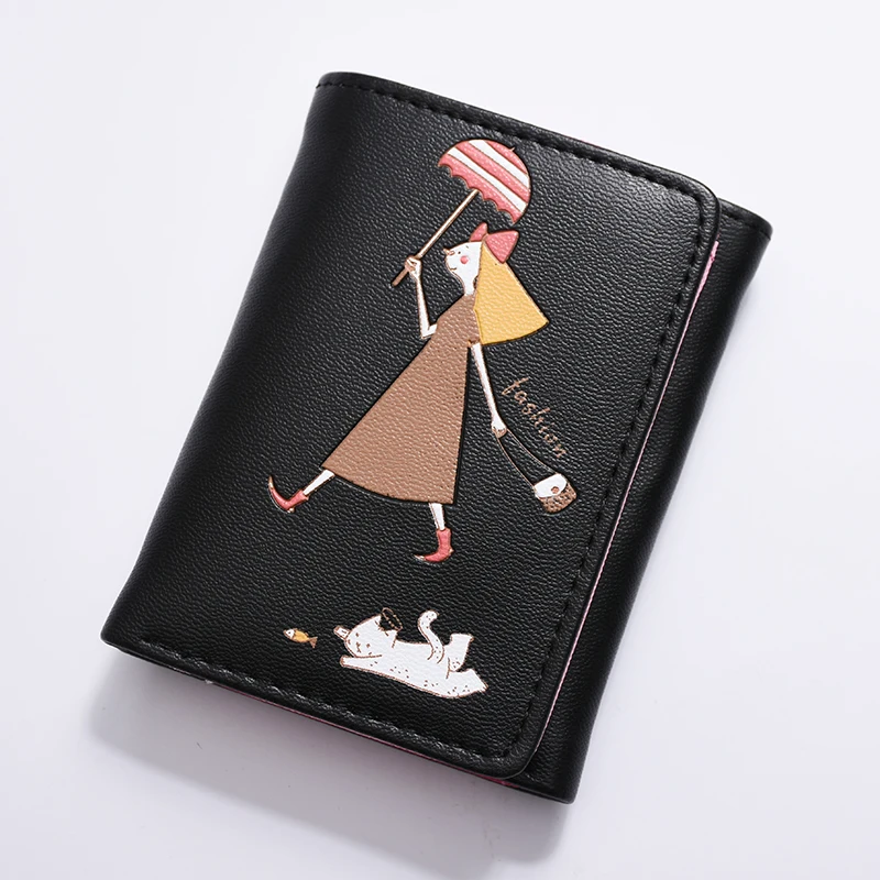 Women Trifold Leather Wallets Cat Candy Color Short Card Holder Kids