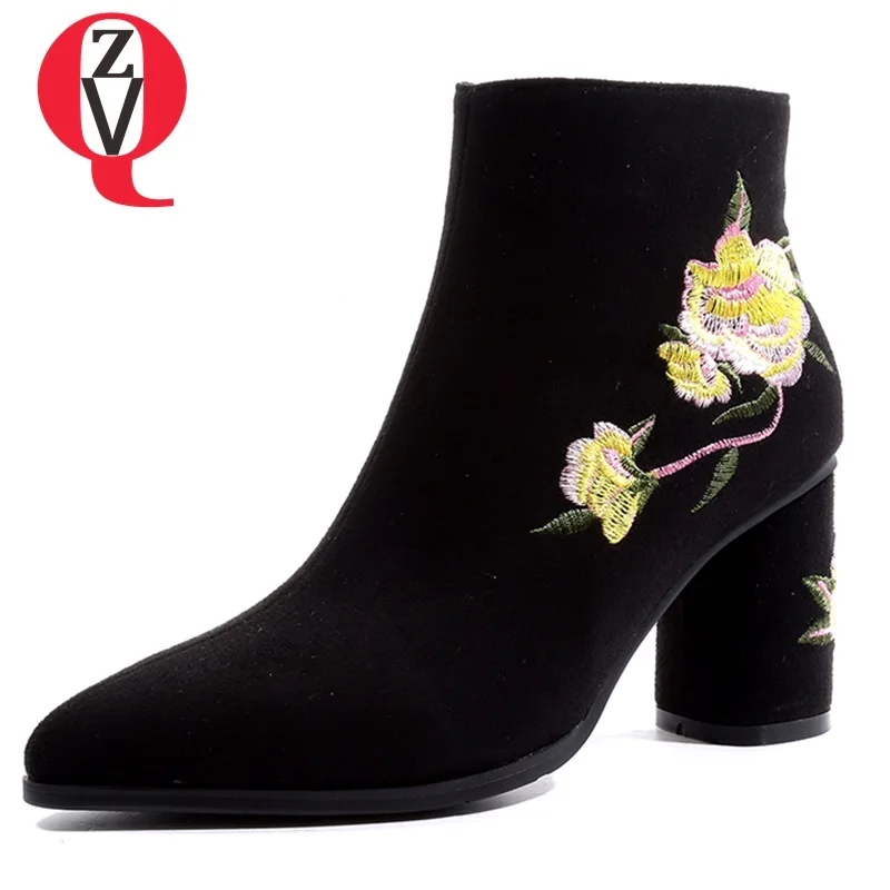 

ZVQ 2018 new fashion popular flock embroider shoes women super high strange style pointed toe zipper three colors ankle boots