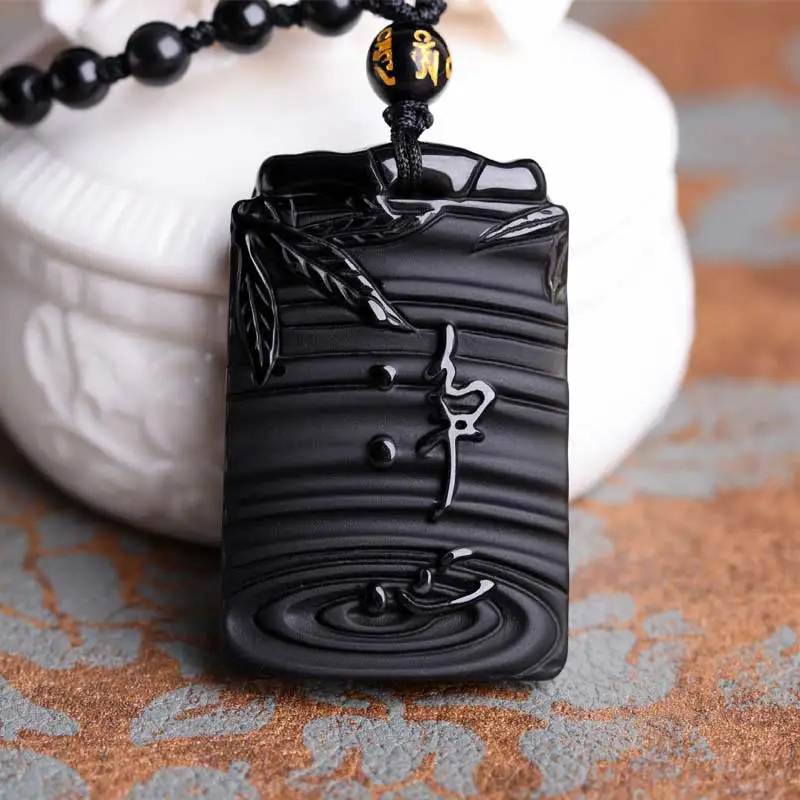 

KYSZDL Natural obsidian carved meditation brand pendant men and women national wind obsidian sweater chain pendant jewelry gift