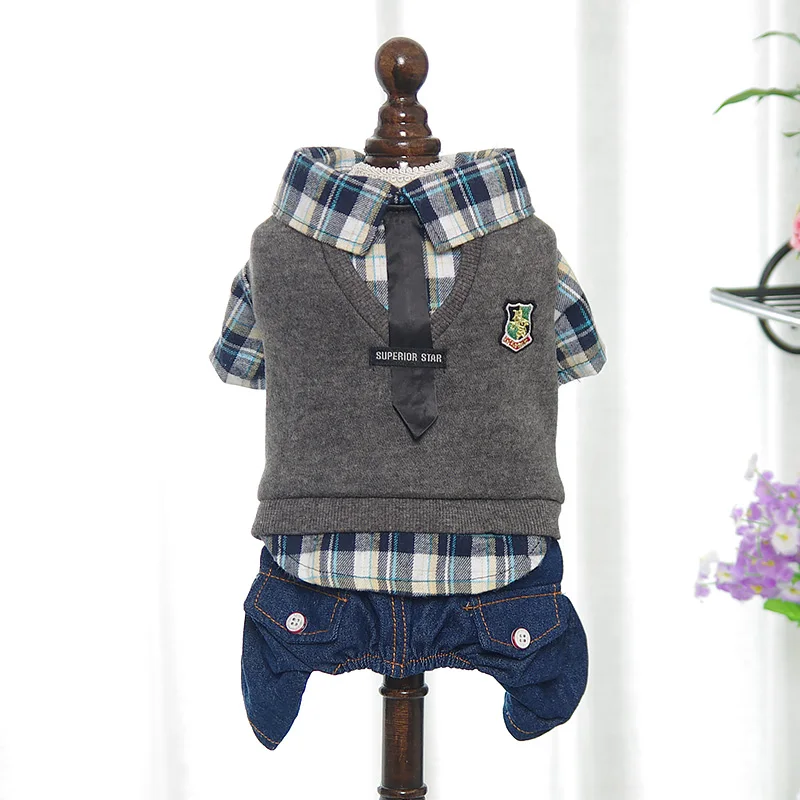 

Dog Jumpsuit Plaid Campus Style Autumn Chihuahua Yorshire Pet Jumpsuit Denim Pants Clothes for Small Pet XS S M L XL 2XL