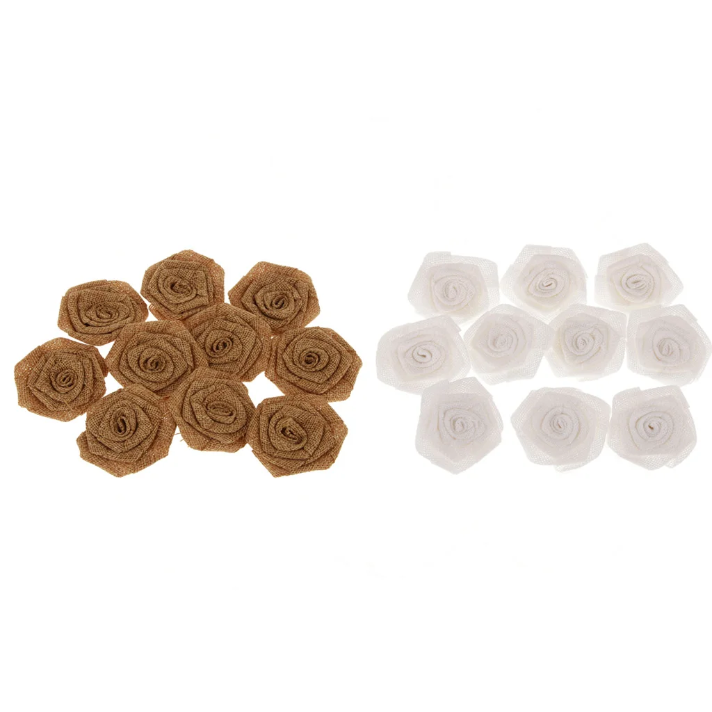 20Pcs Wedding Party Decor Artificial Flowers Clips Hair Bands Hat Clothes Scrapbooking DIY Linen Roses White+Brown