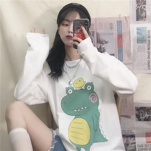

Cartoon Animal Printed All Amtch Long Sleeve Thin O-neck Basic All Match 2019 Autumn Hot Sale New Arrival Female Women T-shirts