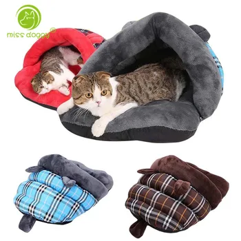 

Cute Rabbit Slippers Shape Cat Bed Velvet Mat Anti-slip Bottom Washable Plaid Pet Bed Sleeping Bag Pet Supplies for Kittens 20E