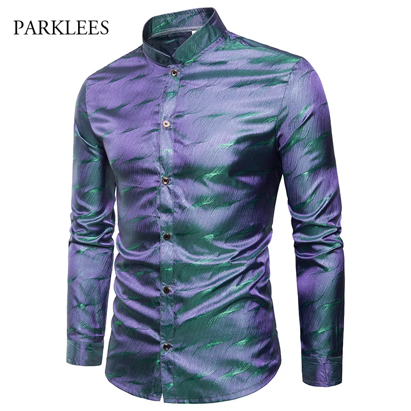 لامعة الحرير الحرير قميص الرجال بريق السلس المياه تموج طباعة قمصان الرجال اللباس ملهى ليلي ديسكو حزب المرحلة قميص قميص أوم