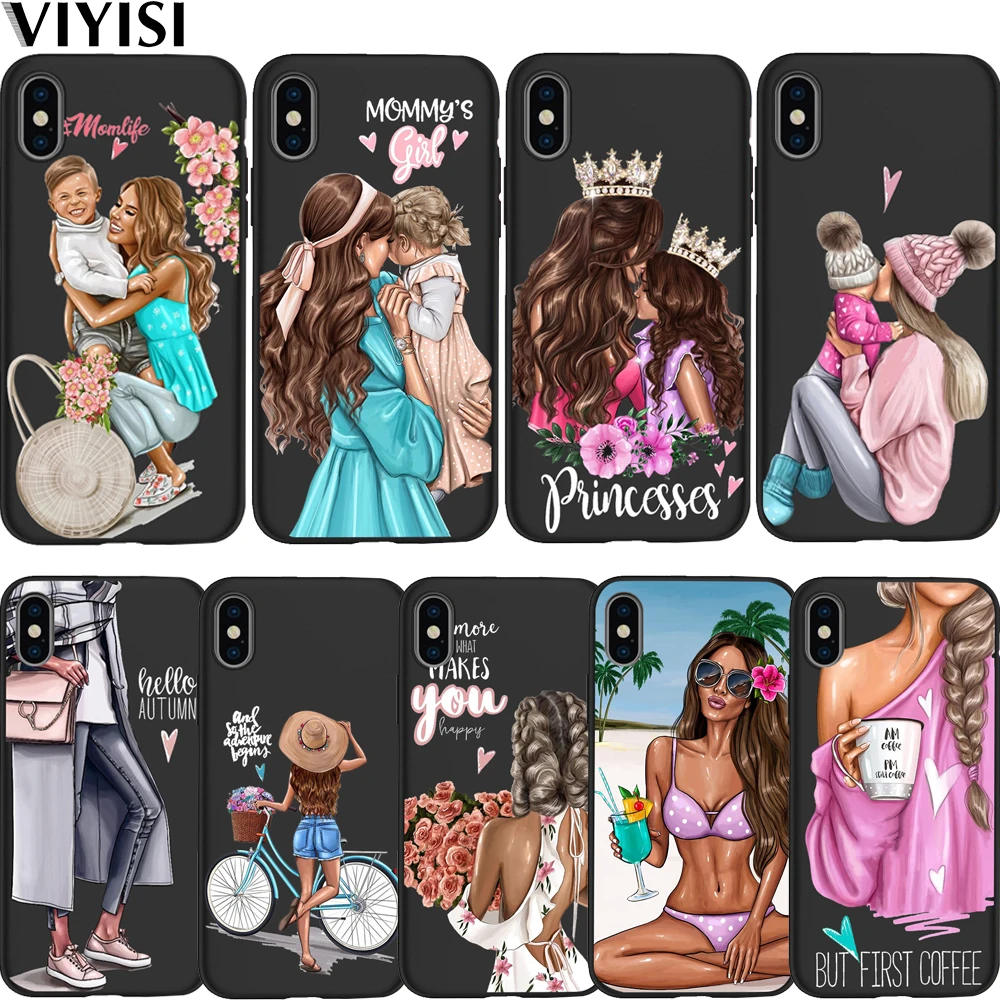 

Princess Black Brown Hair Baby Mom Girl Phone Cover Case For Apple iPhone X Case 7 8 6 6S Plus 5 5S SE X XS MAX XR Etui Coque