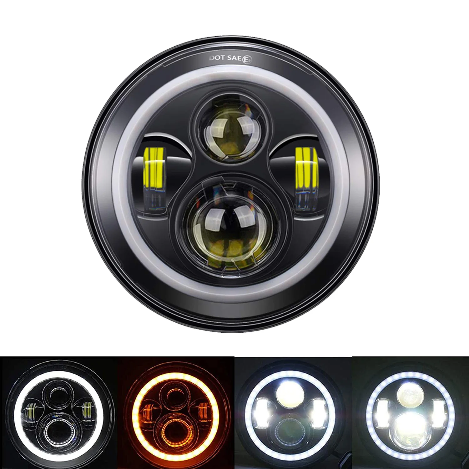 

7INCH 60W LED HEADLIGHT HI-LO BEAM H4 HALO RING ANGLE EYE DRL AMBER TURN SINGLE LAMP for Jeep Wrangler JK TJ Land Rover Harley
