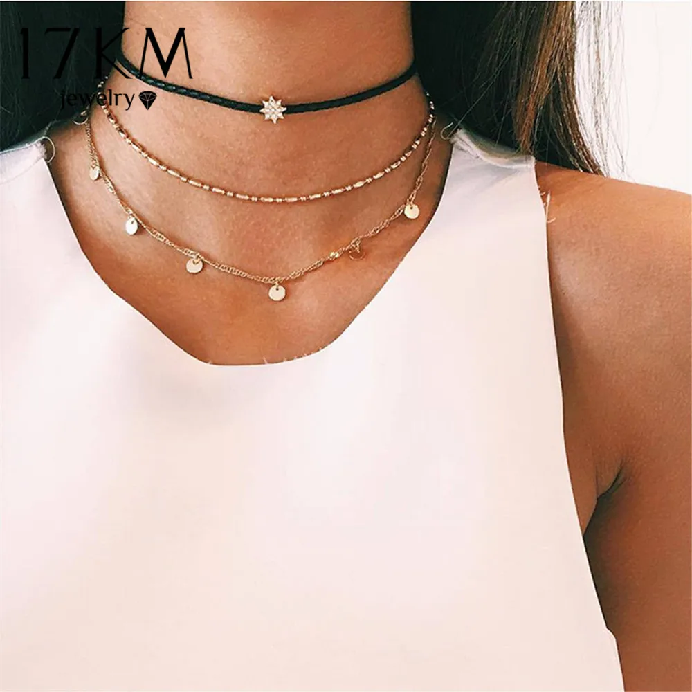 

17KM Fashion Multilayer Choker Necklaces For Women Statement Crystal Coin Pendant Necklace Party Jewelry Gift 2018 Drop Shipping