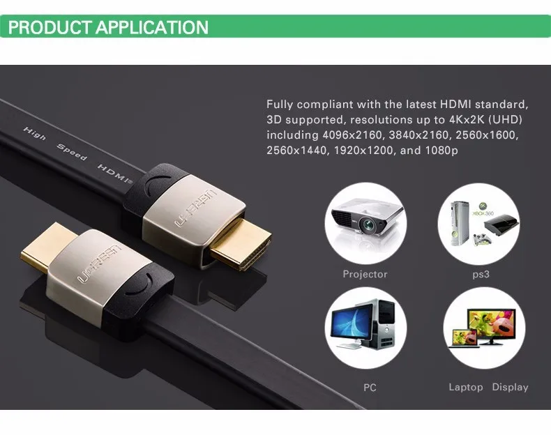 Ugreen HDMI плоский кабель с металлической головкой 1 м 2 м 3 м Папа-папа 1,4 в 3D 1080P Кабо HDMI для ПК HDTV PS3 Xbox appletv