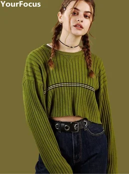 

2017 Harajuku vintage green striped crop top long sleeve crop sweater YQ-509