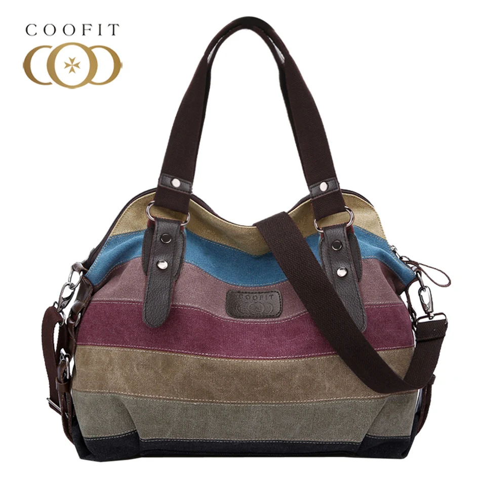 Coofit Multicolor Stripe Leisure Canvas Crossbody Bags Womens High Quality Tote Handbag Casual Popular Shopping Bag For Girls | Багаж и
