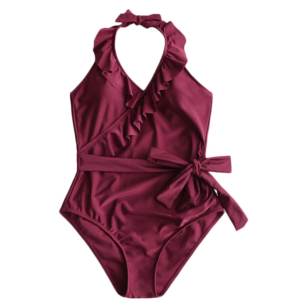 

Retro One Piece Swimsuit Women Halter Falbala Swimwear Backless Bathing Suit Push Up Swimsuit Vintage Monokini