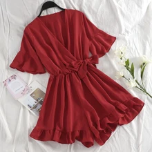 TAOVK милые гофрированные женские комбинезоны эластичный с высокой талией с бантом женский спортивный костюм Romper короткий рукав-бабочка комбинезоны для девочек