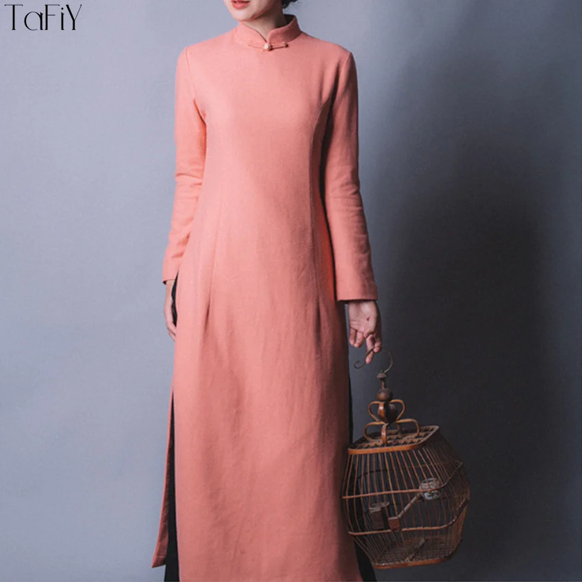 TaFiY Vestidos 2017 зимние платья для женщин Ретро стиль воротник стойка одноцветное