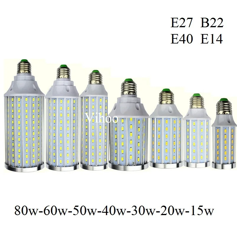 

No Flicker 12W 15W 20W 30W 40W 50W 60W 80W E27 E14 E40 B22 LED lamp Corn light 5730SMD 85V-265V Aluminum Cooling High Power Bulb