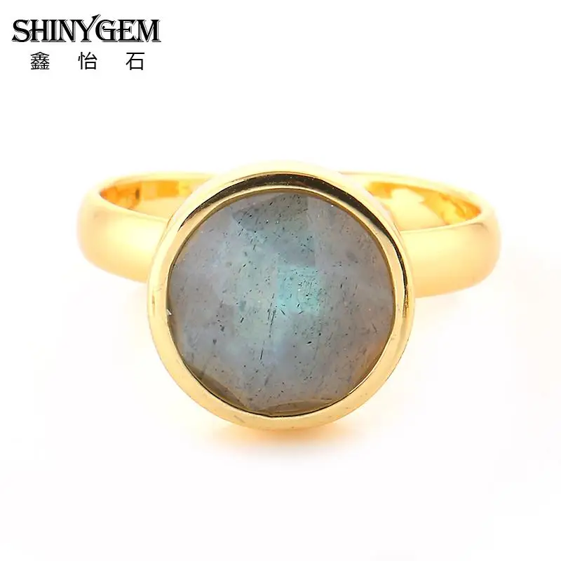 

ShinyGem 10mm Gold Plating Labradorite Rings Adjustable Vintage Faceted Natural Stone Rings Sparkling Grey Gem Rings For Women