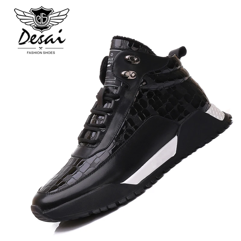 

2019 Winter Warm High Shoes Men Korean Version of theTrend of Genuine Leather Men's Shoes Sequins Platform Sneaker Black Shoes