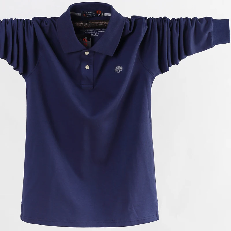 Мужская рубашка поло, мужская деловая Повседневная Хлопковая мужская футболка, осенняя рубашка поло с длинным рукавом и отложным воротником размера плюс 5XL - Цвет: Синий