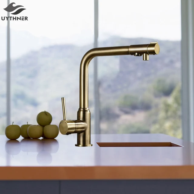 Special Offers Uythner Solid Brass Antique Brass Kitchen Faucet w/ Base Deck Mounted Mixer Tap 