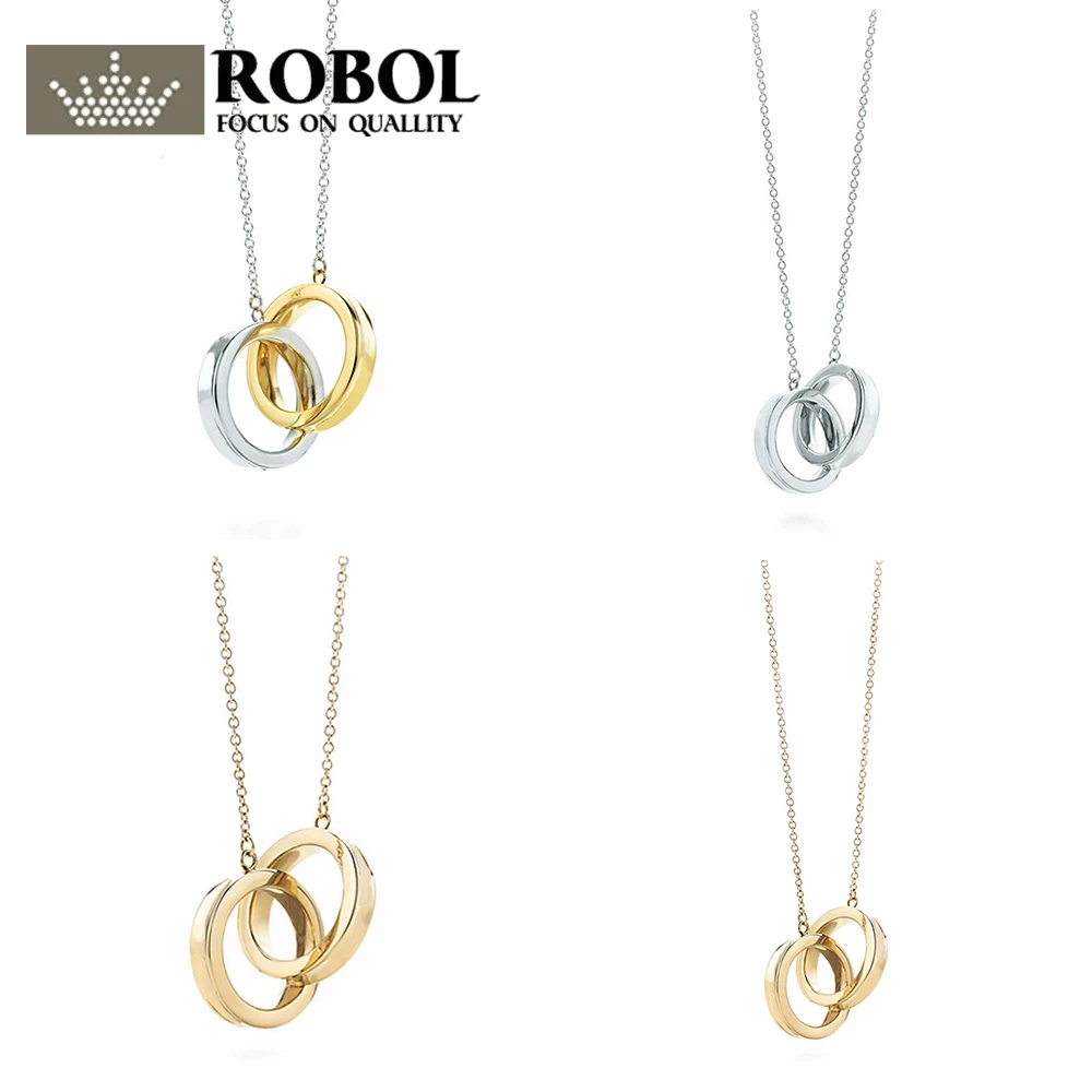 

ROBOL New on-line 925 Sterling Silver Golden Color Double Popular Necklace Rose gold Pendant charm Jewelry Birthday Gift