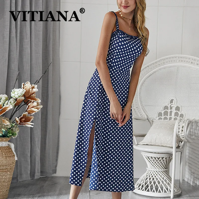 VITIANA Women Sexy Party Dress Summer 2019 Female White Dot Print A-Line Long Beach Slip Dress Ladies Office Work Clothes VITIANA Women Sexy Party Dress Summer 2019 Female White Dot Print A-Line Long Beach Slip Dress Ladies Office Work Clothes